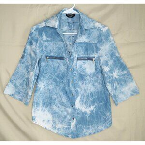 Bebe Emma Tie Dye Button Down Top Blue White Ribbon Lace Back Shirt Womens Small